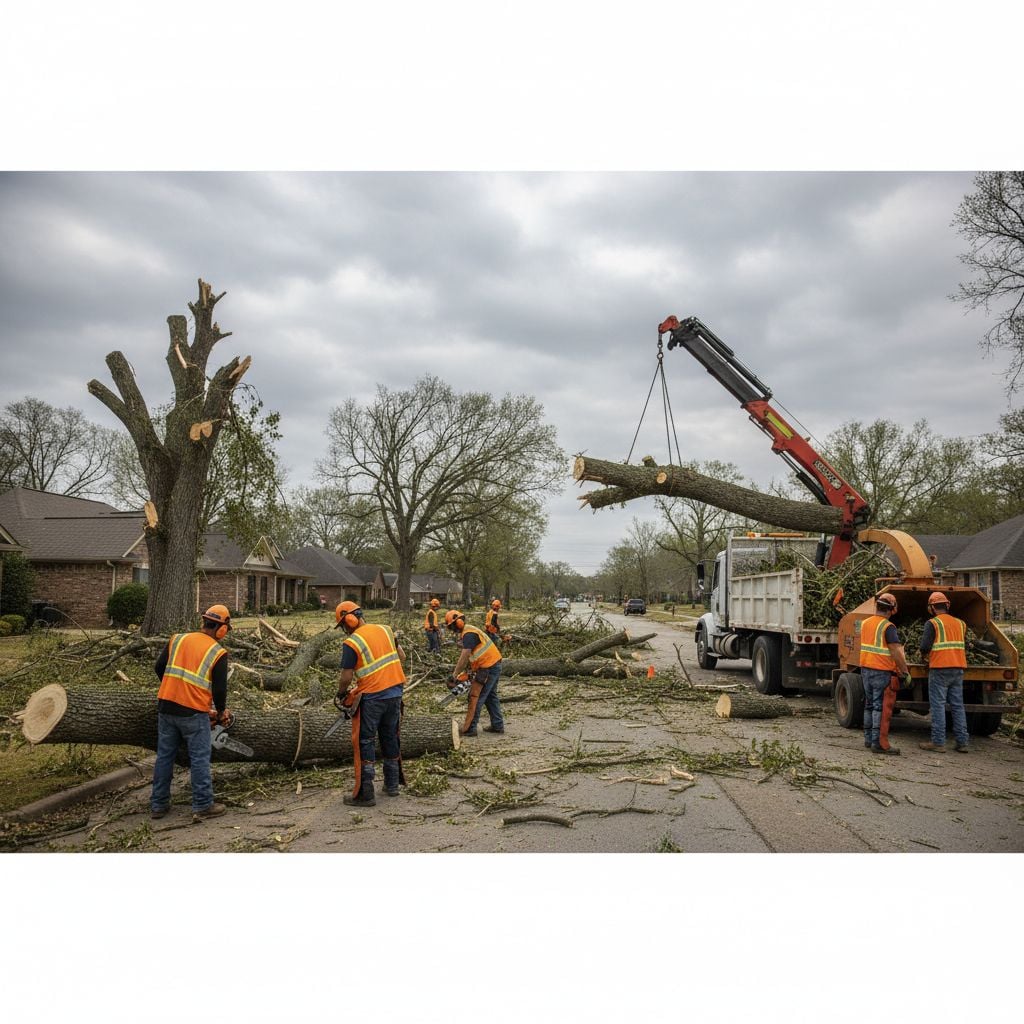 Team of tree service professionals clearing hurricane debris from Shreveport street using chainsaws and crane truck