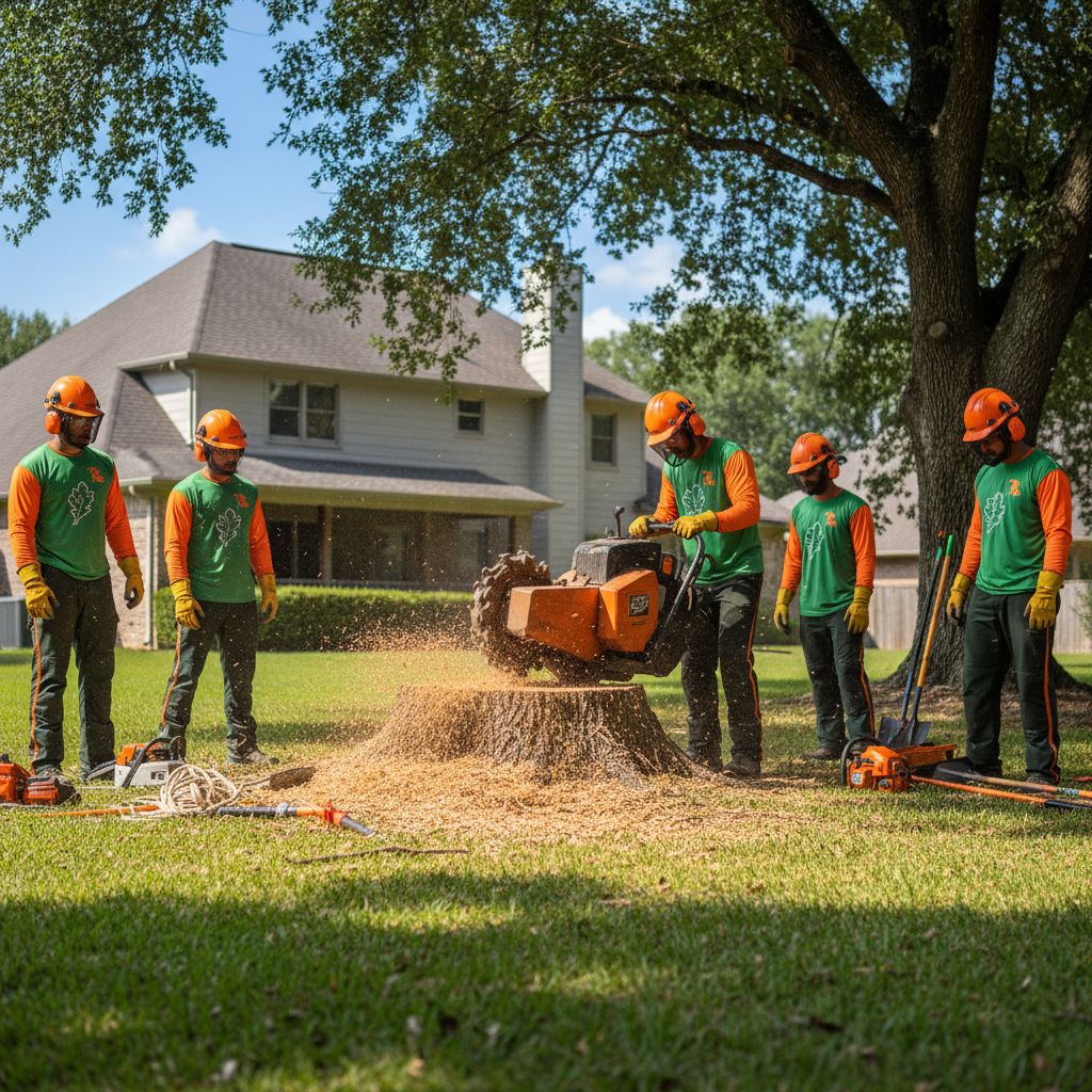 Professional tree service crew using stump grinder in Shreveport backyard, showcasing safe and efficient removal process with suburban home in background.