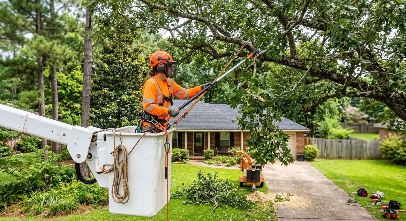 Certified arborist in safety gear performing crown thinning on mature oak tree in Shreveport backyard using bucket truck and pole pruner