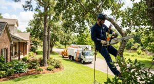 Professional tree service worker pruning oak tree in Shreveport residential lawn with equipment truck nearby