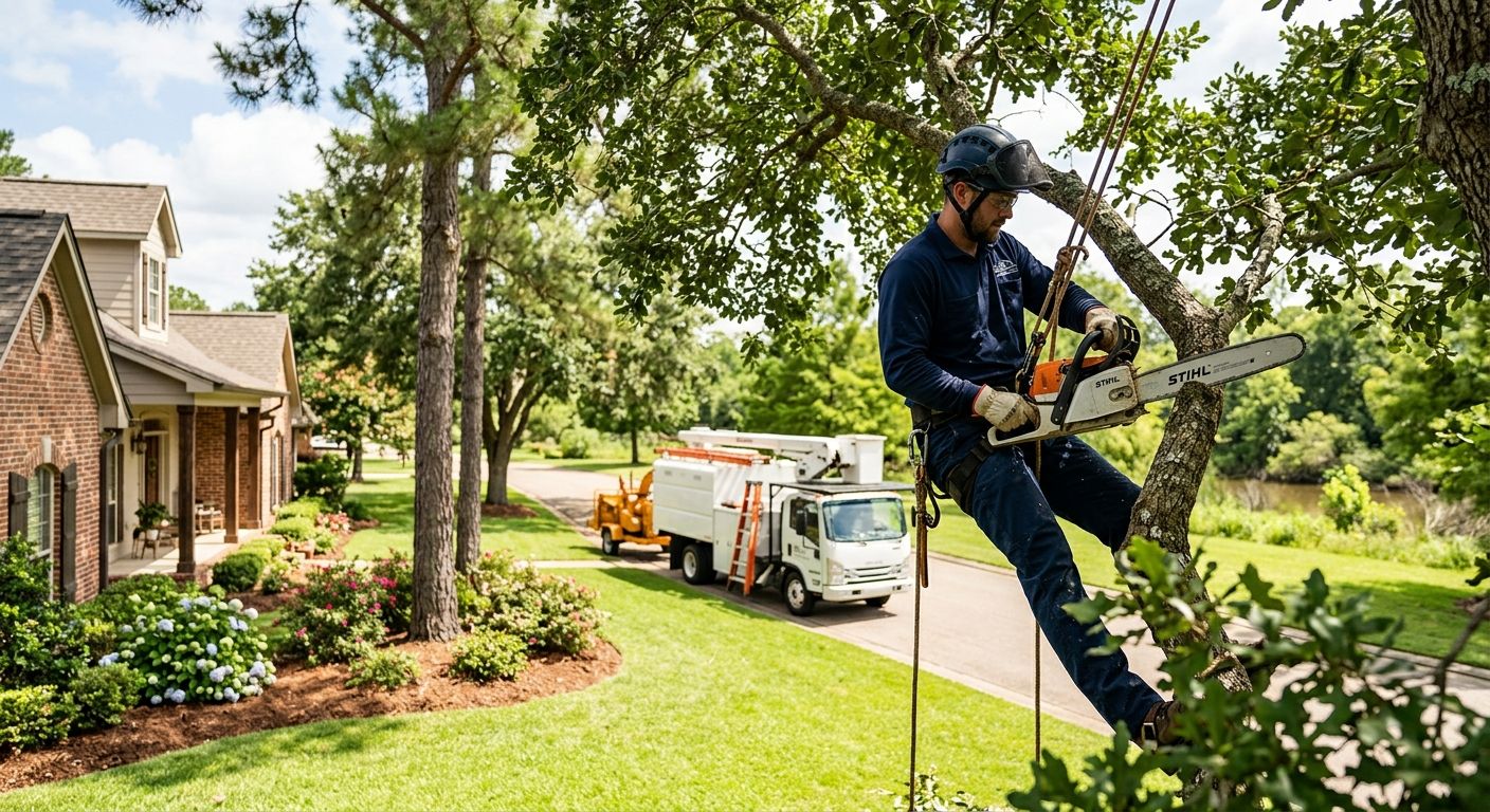 Professional tree service worker pruning oak tree in Shreveport residential lawn with equipment truck nearby
