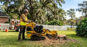 Skilled arborist operating modern stump grinder on Shreveport suburban lawn, full safety gear, professional equipment, scenic background with oak trees and bayou.