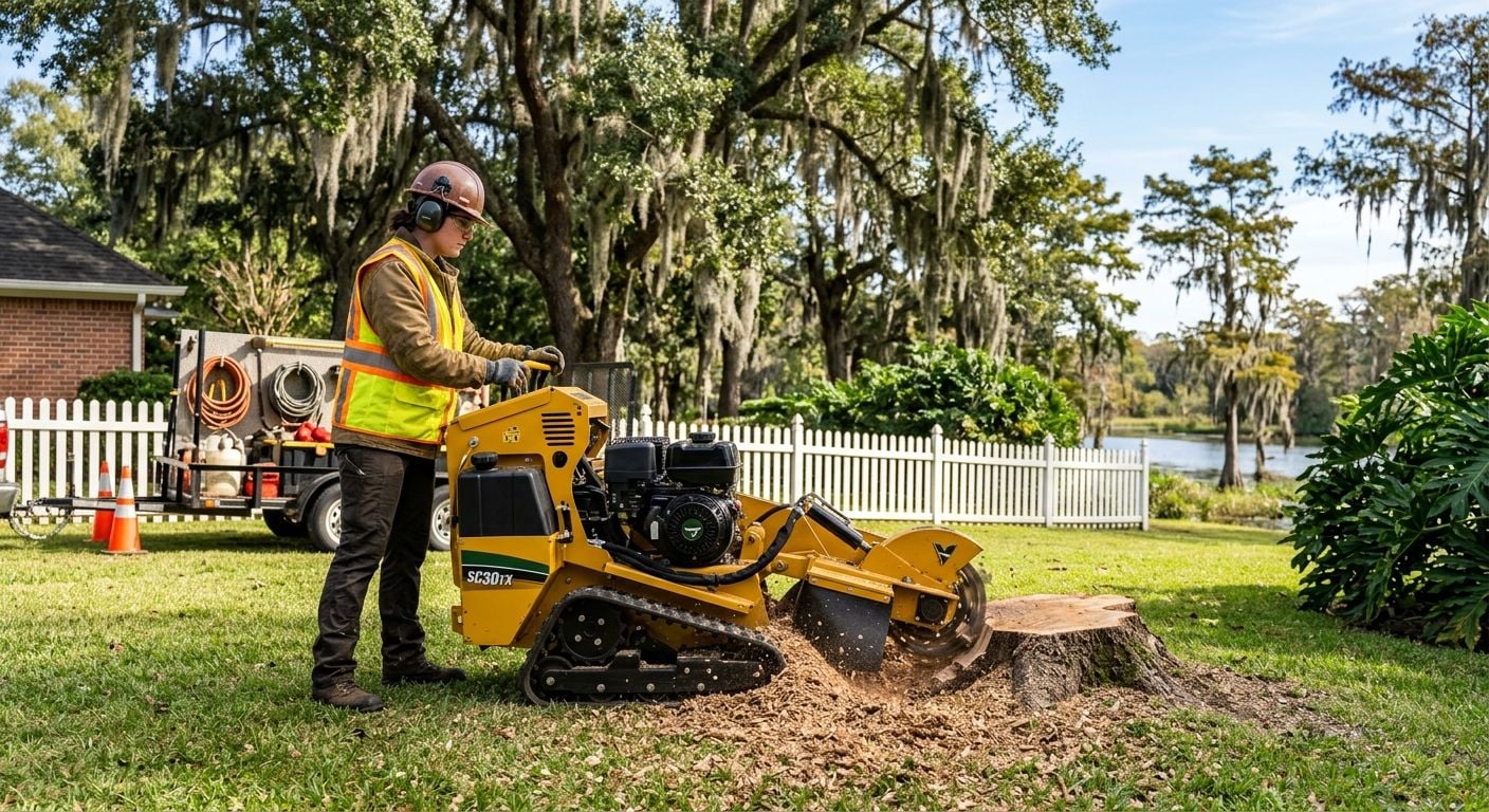 Skilled arborist operating modern stump grinder on Shreveport suburban lawn, full safety gear, professional equipment, scenic background with oak trees and bayou.