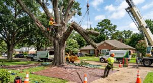 Certified arborists safely removing storm-damaged tree in Shreveport neighborhood using crane and safety gear, with service truck in background.