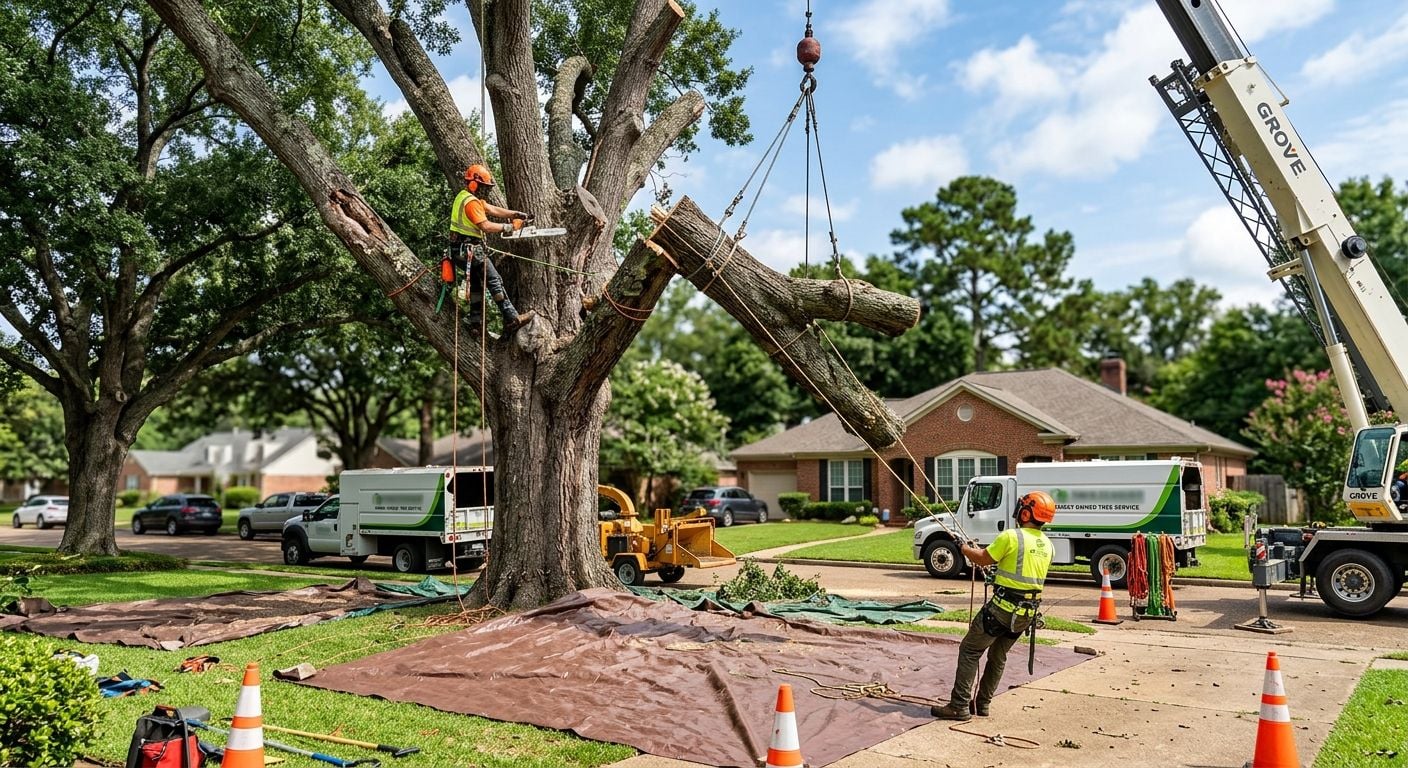 Certified arborists safely removing storm-damaged tree in Shreveport neighborhood using crane and safety gear, with service truck in background.