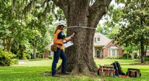 Certified arborist in hard hat and high-visibility vest inspecting mature oak tree with mallet, measuring tool, and clipboard in sunny Shreveport residential yard, toolkit nearby.