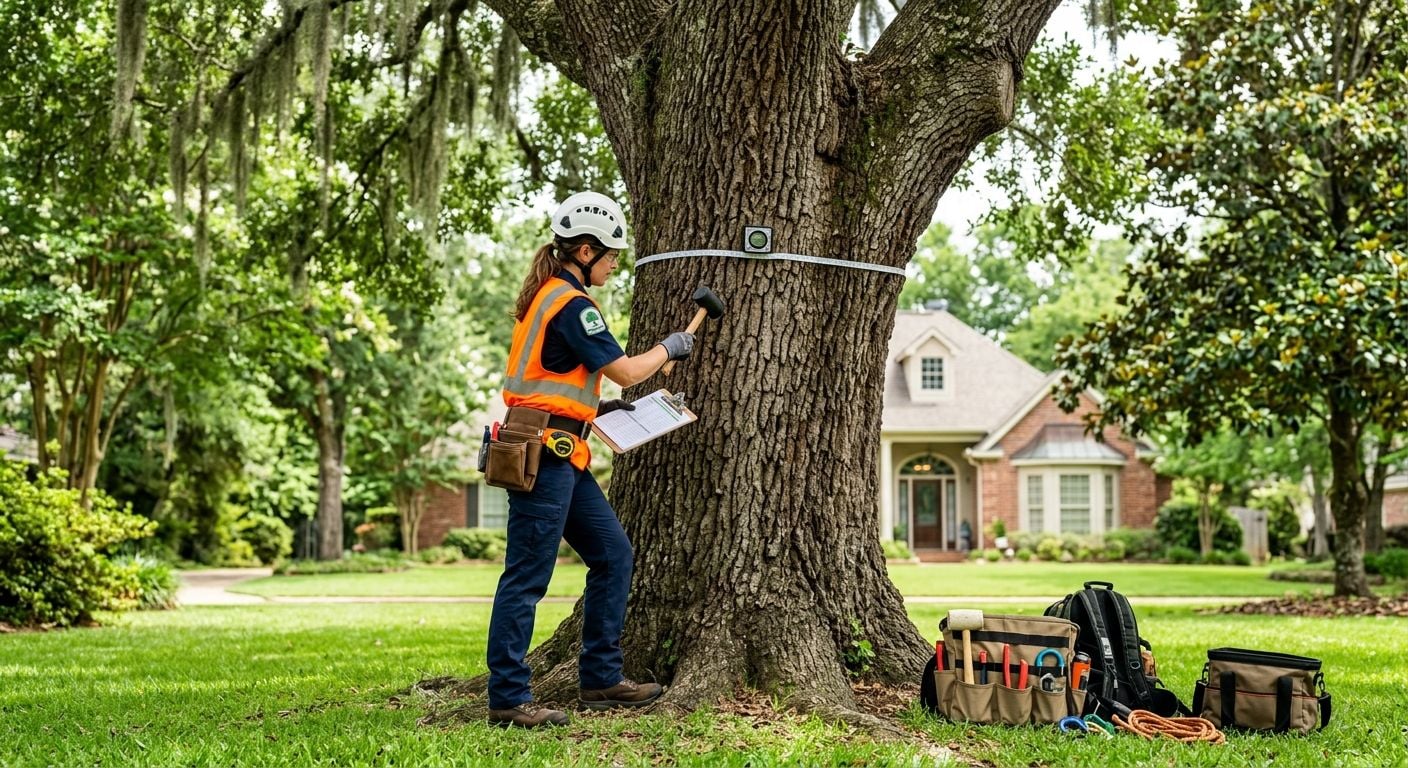 Certified arborist in hard hat and high-visibility vest inspecting mature oak tree with mallet, measuring tool, and clipboard in sunny Shreveport residential yard, toolkit nearby.