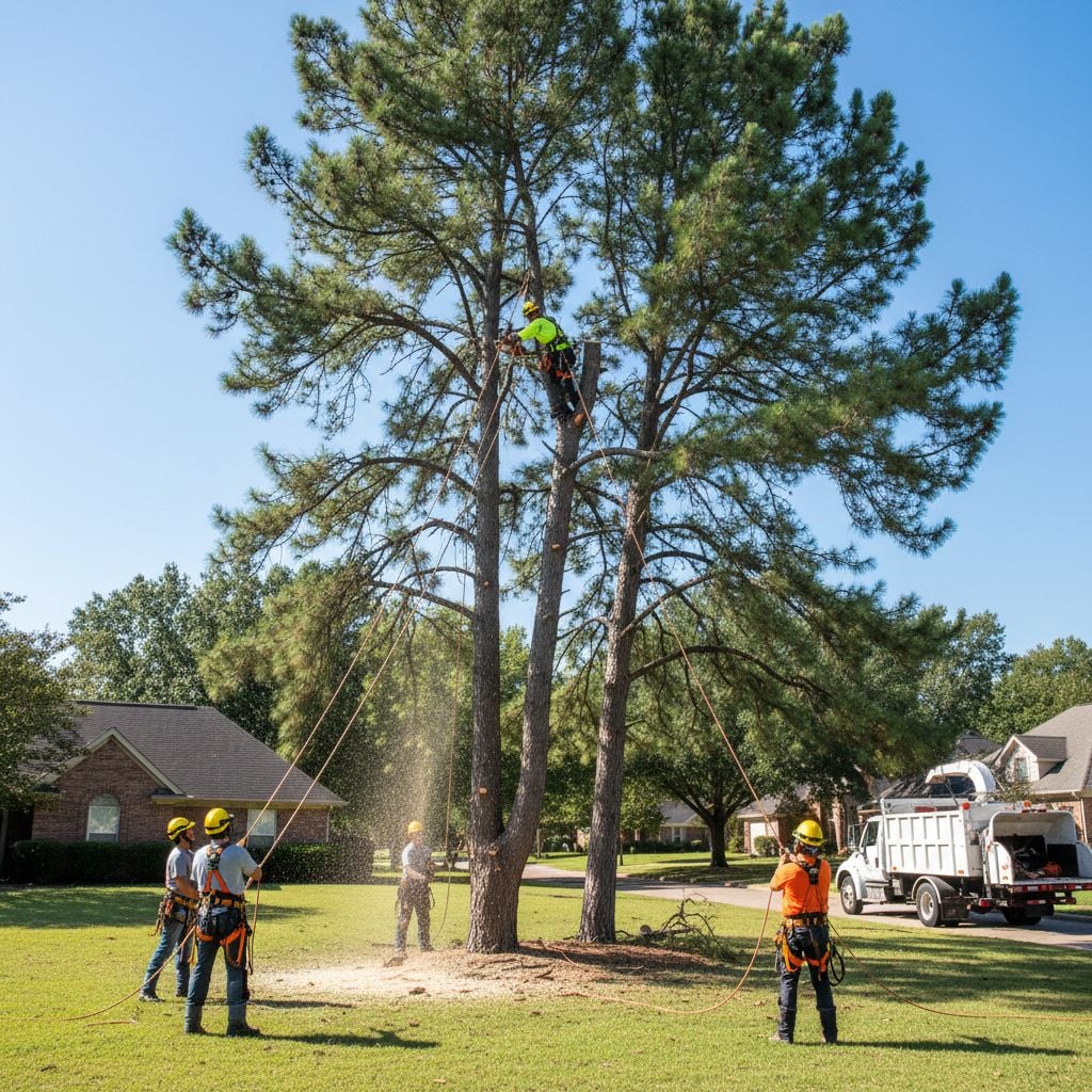 Professional tree removal crew safely dismantling a pine tree near a Shreveport suburban home.