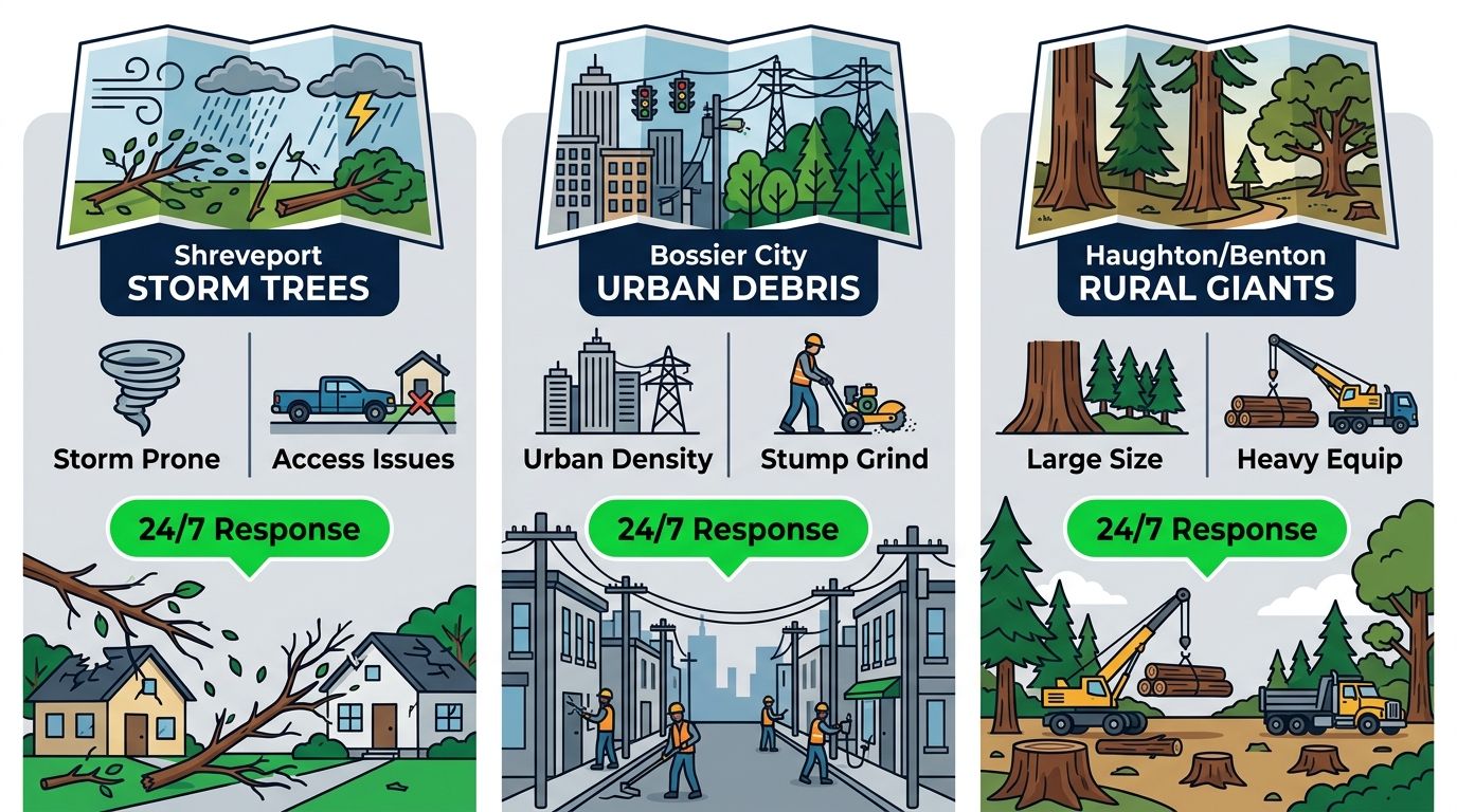 Infographic showing tree removal challenges and services in Shreveport, Bossier City, and Haughton/Benton areas of Northwest Louisiana