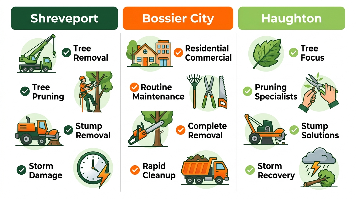 Infographic comparing tree care services in Shreveport, Bossier City, and Haughton