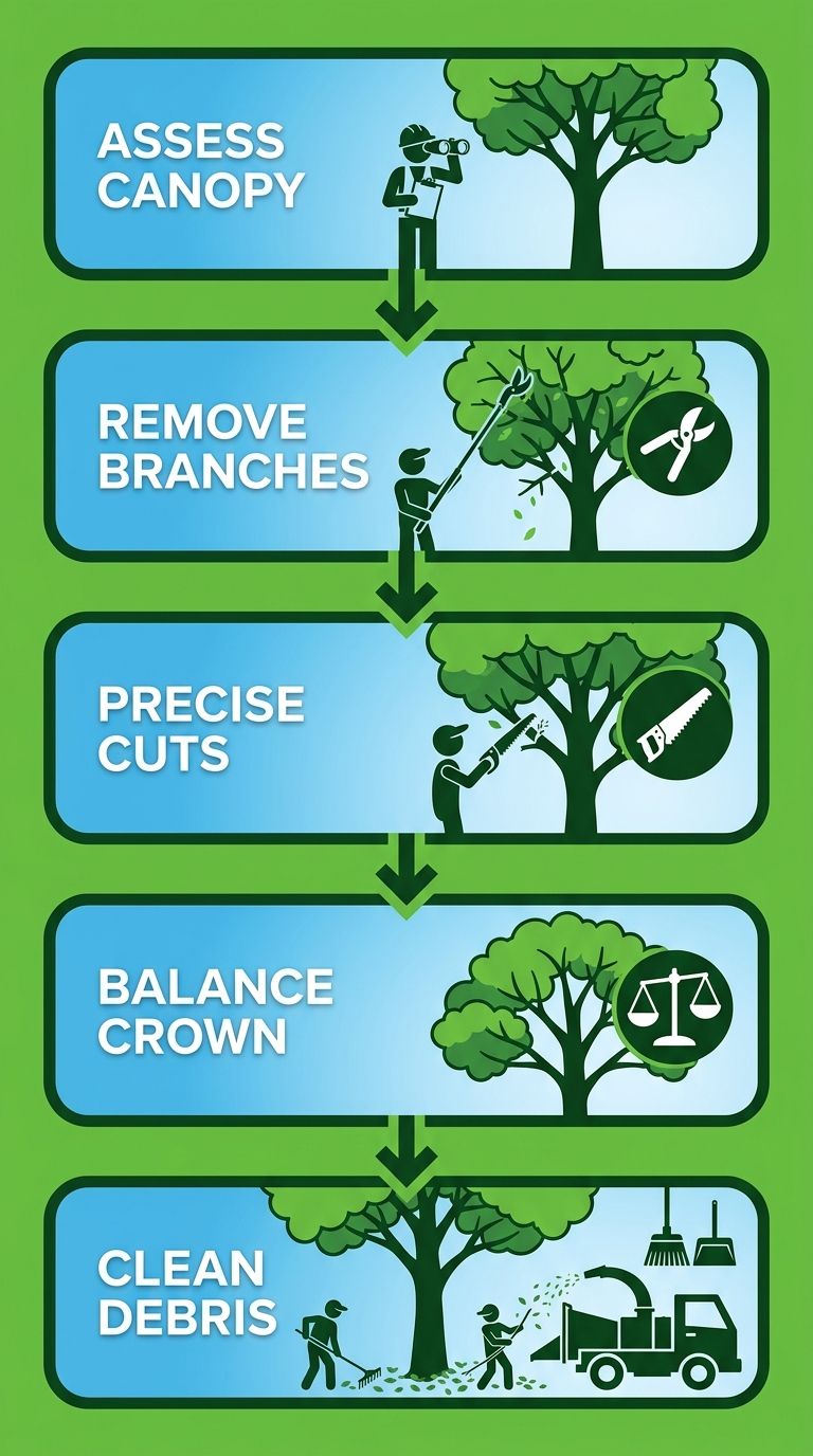 Vertical process flow diagram of five key steps in professional crown thinning by Miller Tree Service