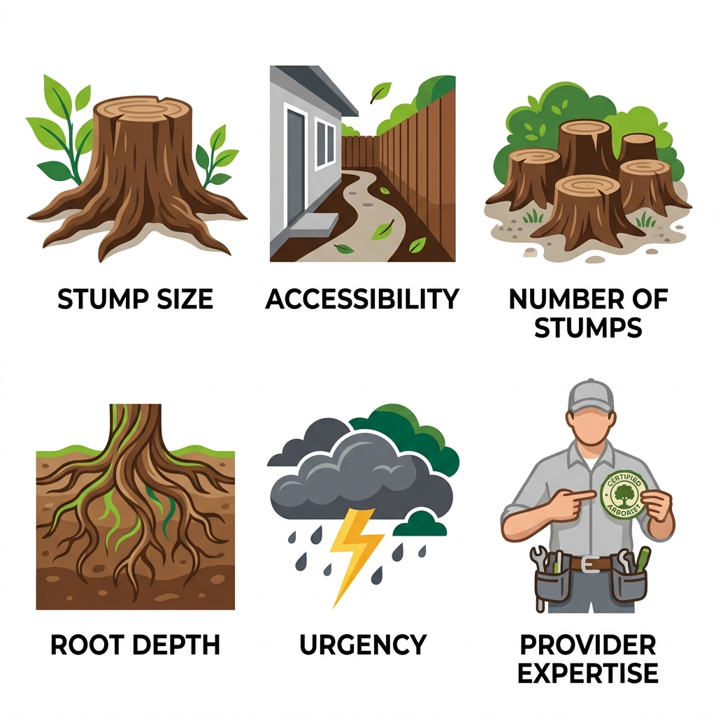 Icon set illustrating six key factors affecting stump grinding costs: size, access, quantity, roots, urgency, expertise.