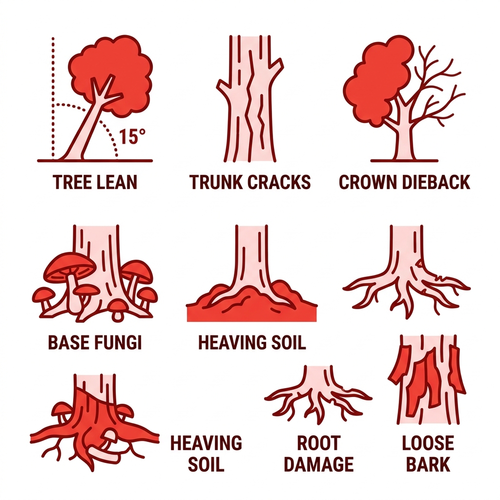 Set of seven minimalist line icons illustrating early tree hazard signs including leaning tree, trunk cracks, crown dieback, fungi, heaving soil, root damage, and bark cavities