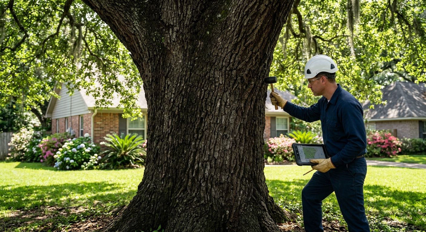 Certified arborist inspecting a large oak tree in a Shreveport residential backyard using a sounding mallet.