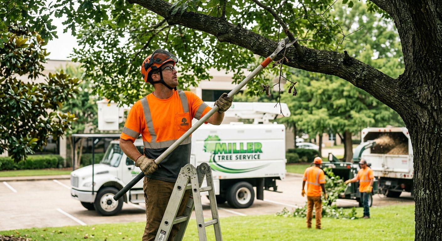 Certified arborist in safety gear pruning mature oak tree in Shreveport commercial landscape with company truck and ground crew