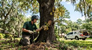 Certified arborist inspecting oak wilt disease on mature tree in Shreveport suburban landscape with professional tools and equipment.