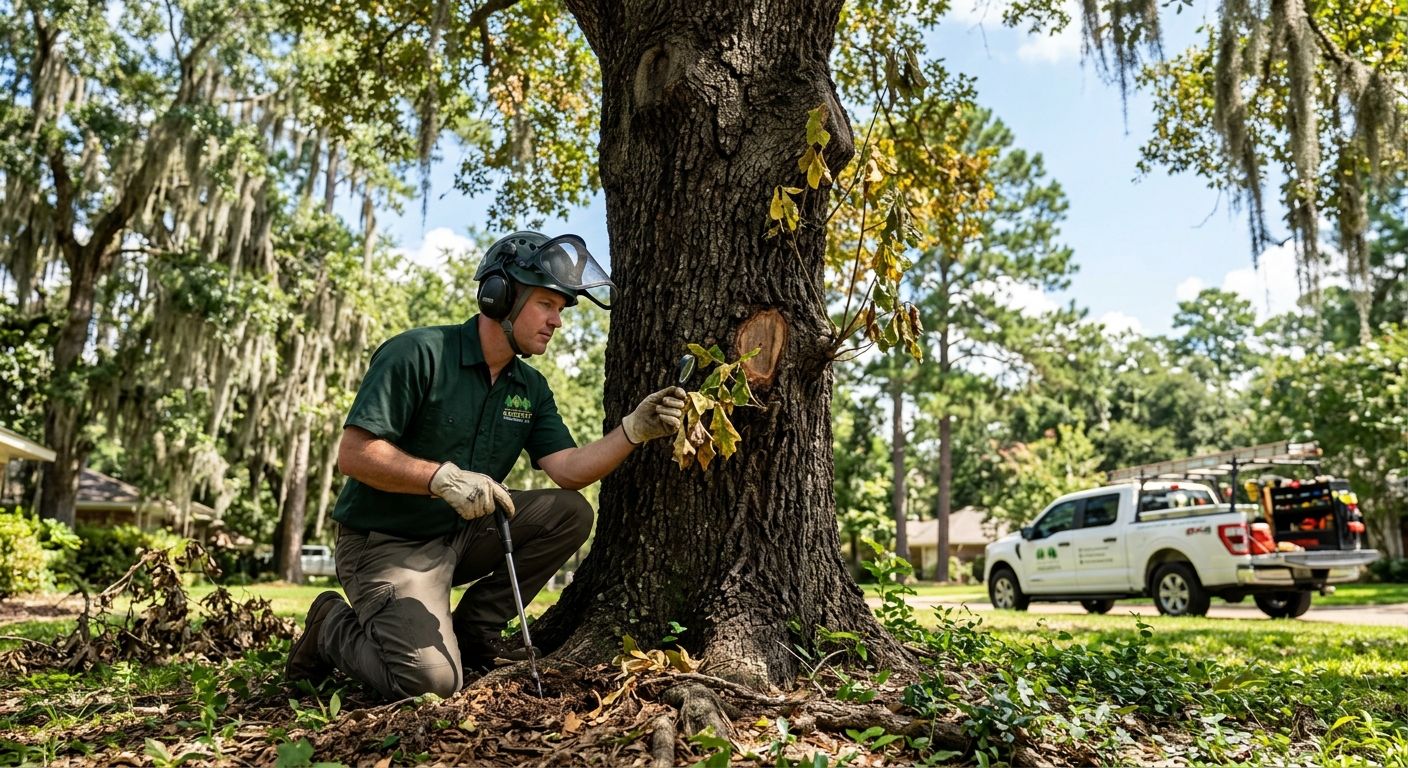 Certified arborist inspecting oak wilt disease on mature tree in Shreveport suburban landscape with professional tools and equipment.
