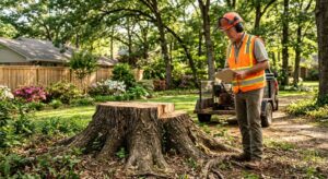 Certified arborist evaluating a large tree stump in a Louisiana backyard with stump grinding equipment nearby.