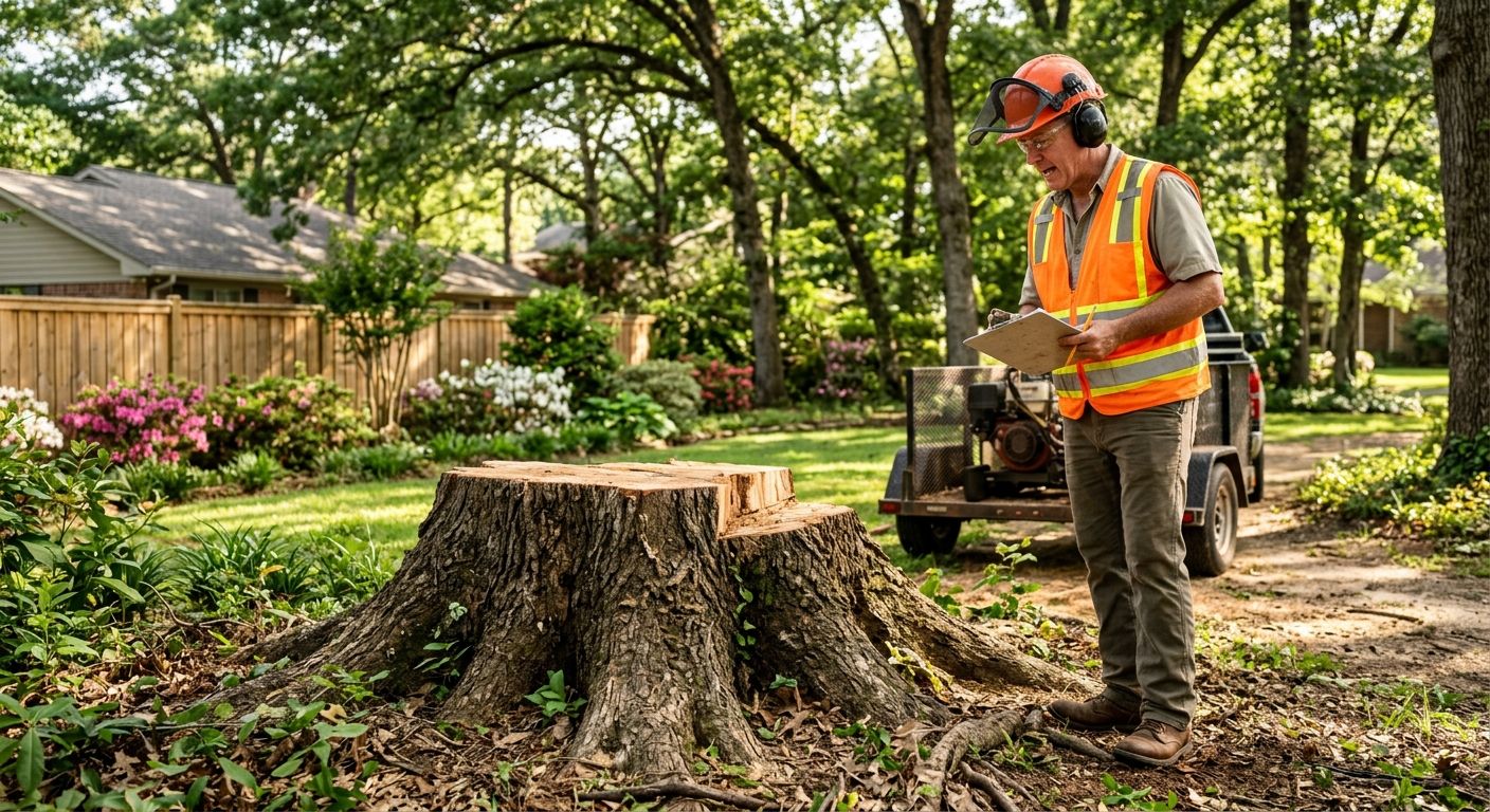 Certified arborist evaluating a large tree stump in a Louisiana backyard with stump grinding equipment nearby.