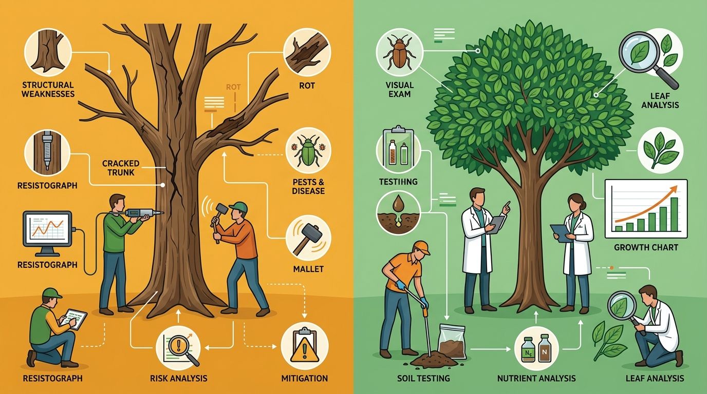 Dual-panel infographic contrasting tree risk indicators with tree health diagnostics, featuring professional tools and visual indicators.