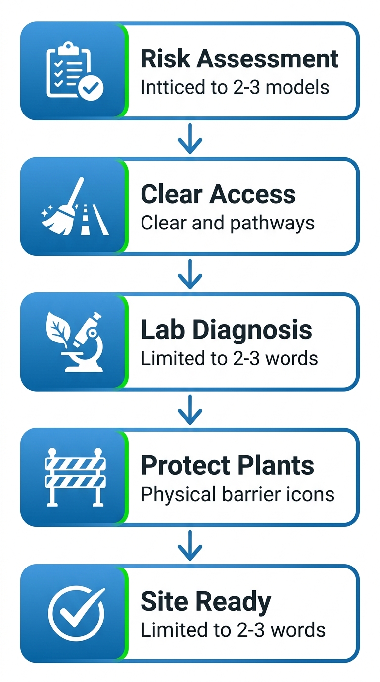 Vertical process flow diagram showing five preparation steps for tree disease treatment: risk assessment, clear access, lab diagnosis, protect plants, site ready by Miller Tree Service.
