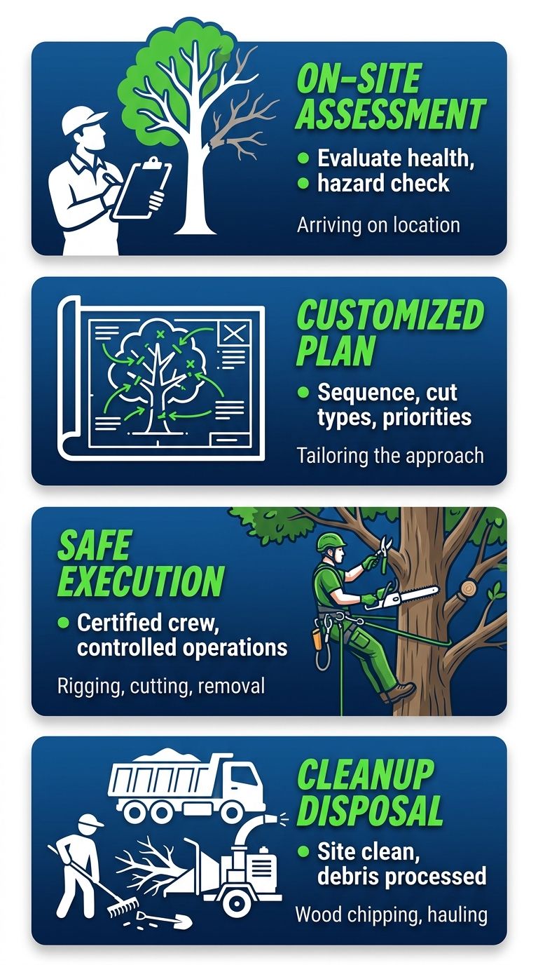 Vertical process flow diagram illustrating the four-step tree pruning process: assessment, planning, execution, and cleanup with icons.