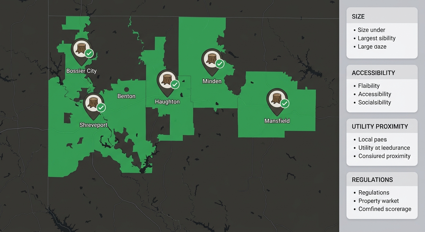 Map of Northwest Louisiana showing stump removal service areas including Shreveport, Bossier City, Benton, Haughton, Minden, and Mansfield with key service factors.