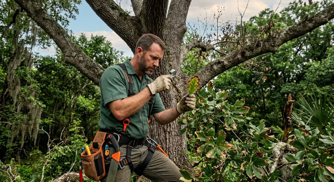 Certified arborist examining a mature oak leaf with symptoms of bacterial leaf scorch using a magnifying lens, with early branch dieback visible in the background of a Louisiana landscape.