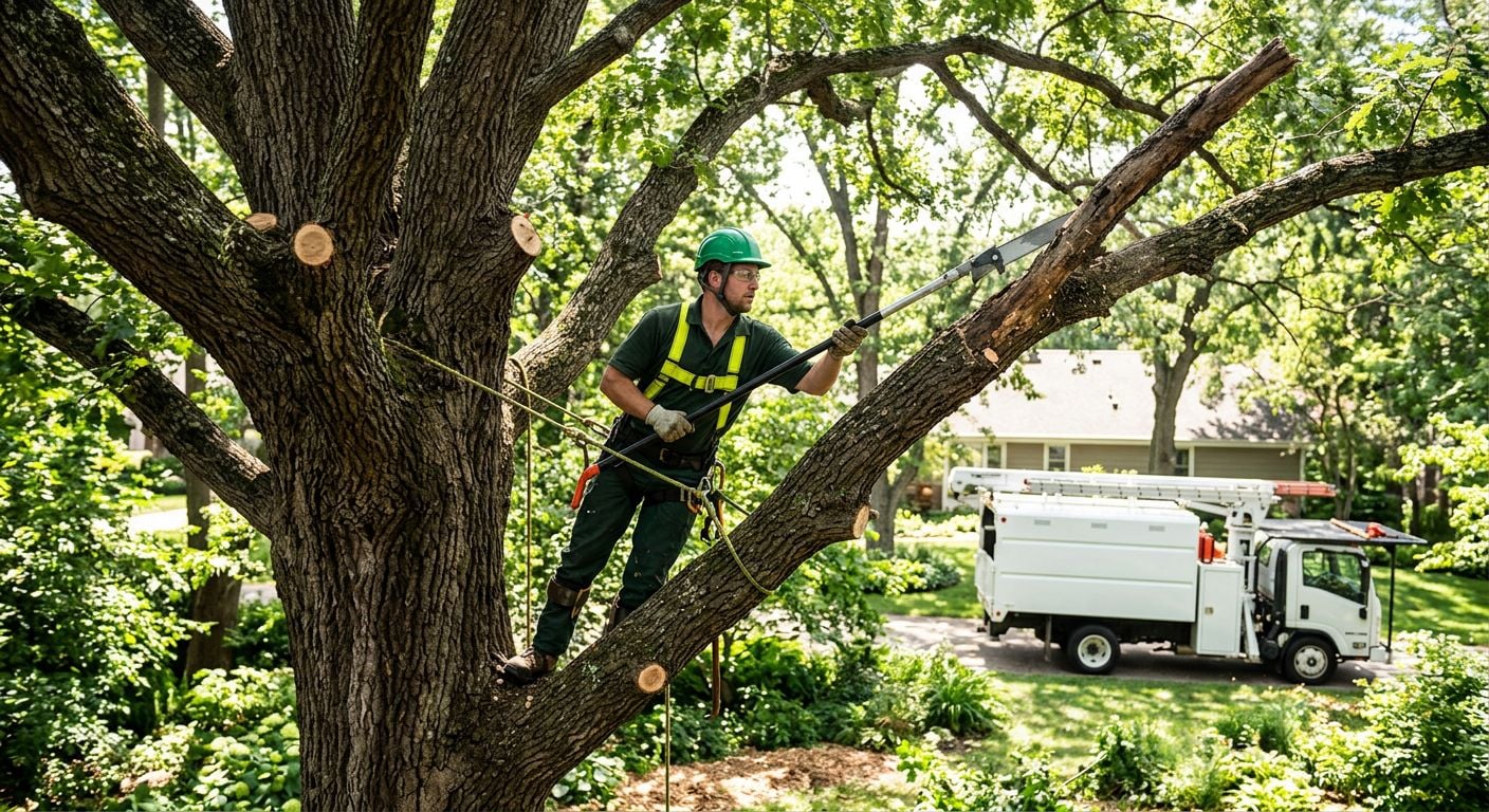 Professional photograph of a certified arborist in a green hard hat and safety gear pruning a large oak tree in a residential backyard with a pole saw, with sunlight filtering through the canopy and a white service truck in the background.