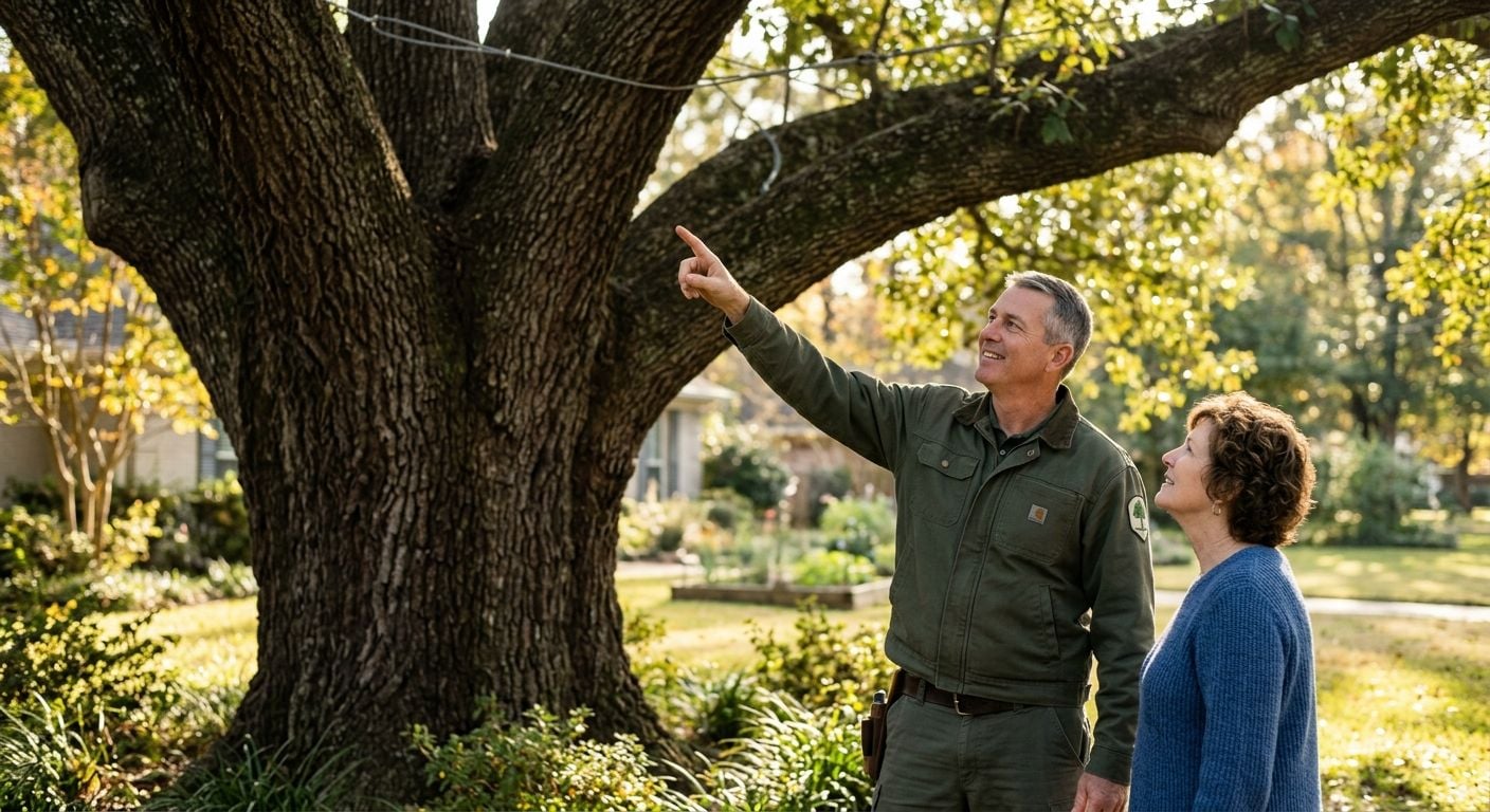 Professional photograph of a certified arborist from Miller Tree Service pointing at a steel brace and cable in a tree canopy while speaking with a homeowner in a Northwest Louisiana residential yard during warm afternoon sunlight