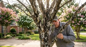 Crape myrtle tree with white waxy bark scale and black sooty mold on trunk and branches in a residential Northwest Louisiana landscape, with an arborist inspecting the bark using a magnifying lens while healthy blooming crape myrtles stand in the background.