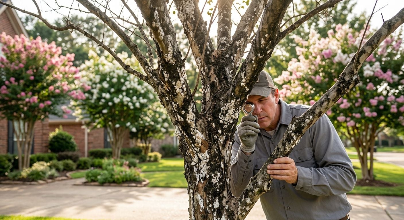 Crape myrtle tree with white waxy bark scale and black sooty mold on trunk and branches in a residential Northwest Louisiana landscape, with an arborist inspecting the bark using a magnifying lens while healthy blooming crape myrtles stand in the background.