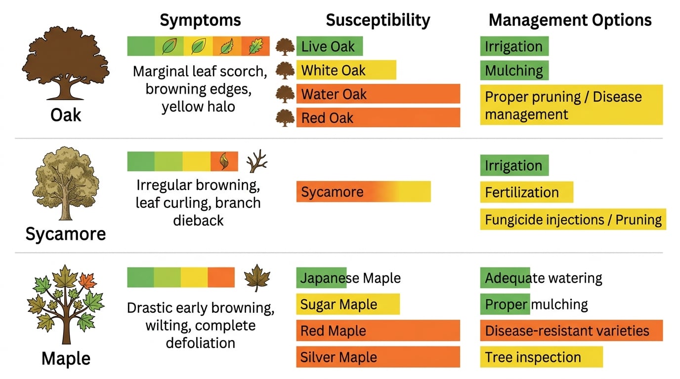 Three-row comparison chart for bacterial leaf scorch in Louisiana trees: oak, sycamore, and maple with symptoms, susceptibility, and management options indicated by green, yellow, and orange bars.
