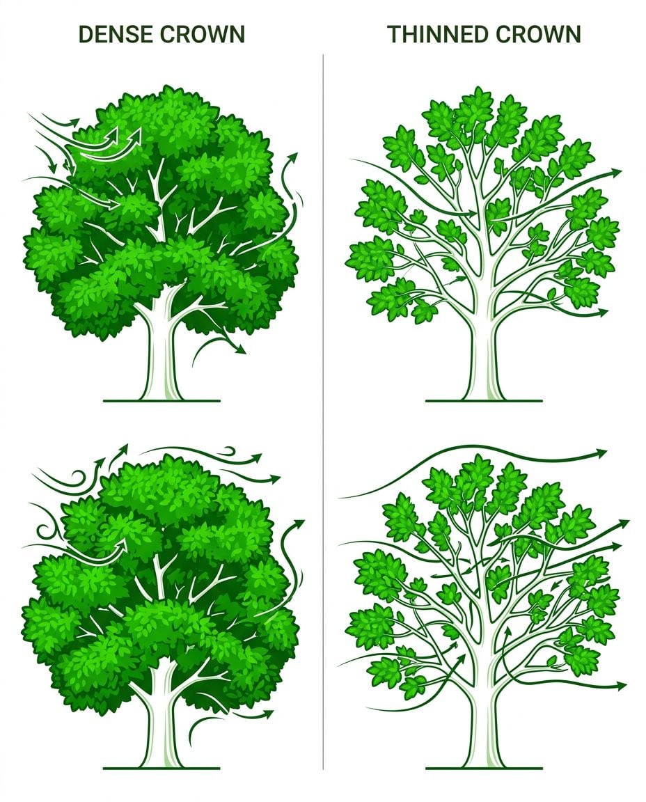 Infographic comparing dense tree crown to thinned crown for wind resistance reduction