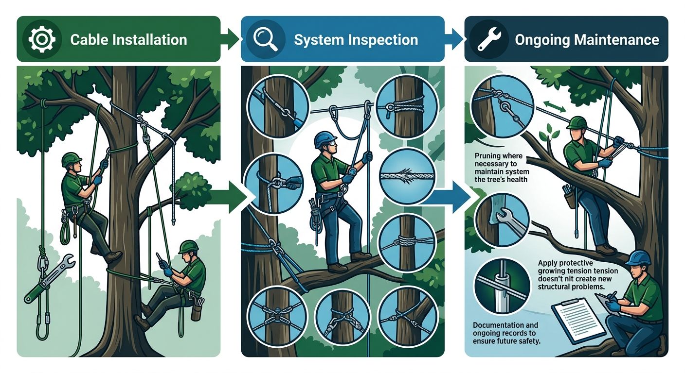 Horizontal process flow diagram showing three stages of tree support system management: Cable Installation, System Inspection, and Ongoing Maintenance, with professional green and blue palette.