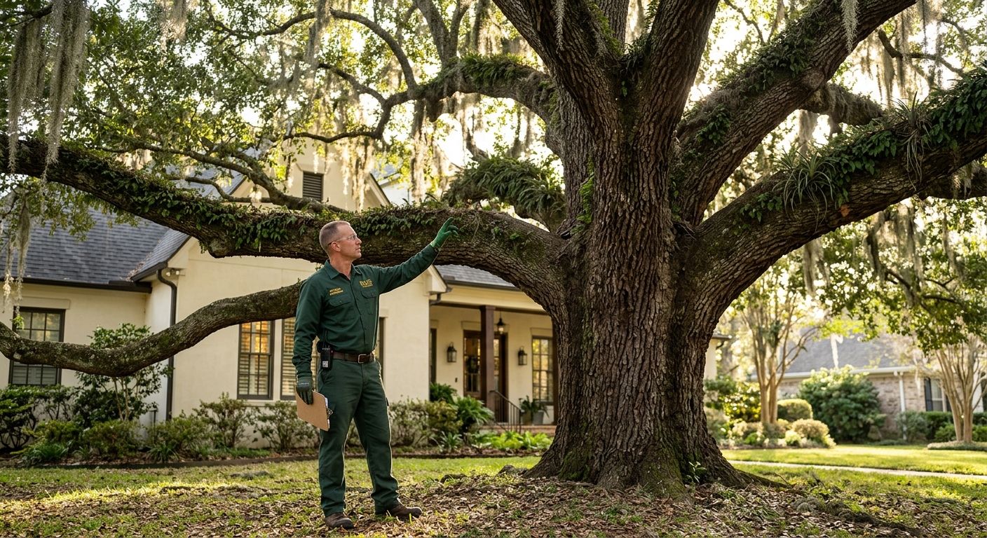 Arborist in green uniform pointing at Live Oak branches in Louisiana yard, highlighting wind resistance.