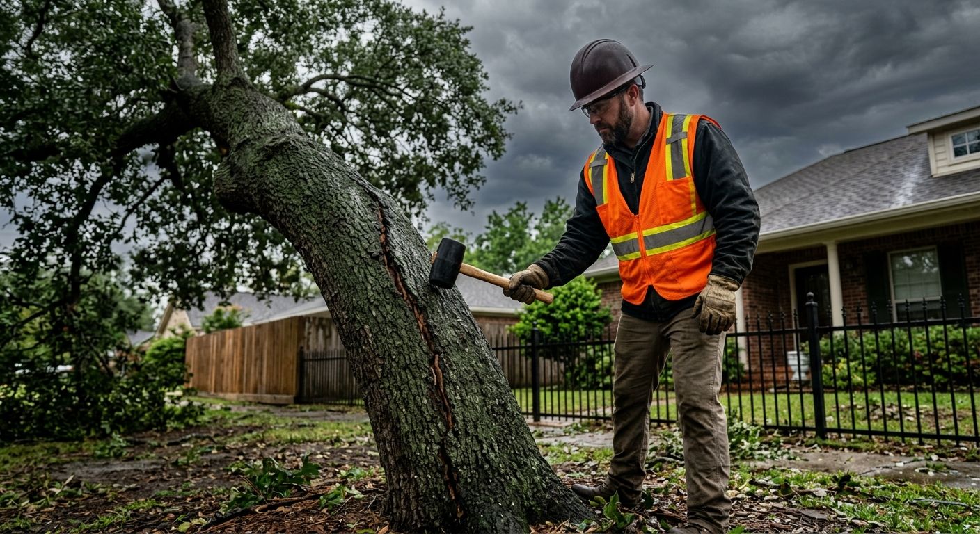 ISA certified arborist in safety vest and hard hat using mallet to sound test leaning oak tree with crack in trunk, Shreveport home background with fence and dark storm clouds, post-storm assessment scene