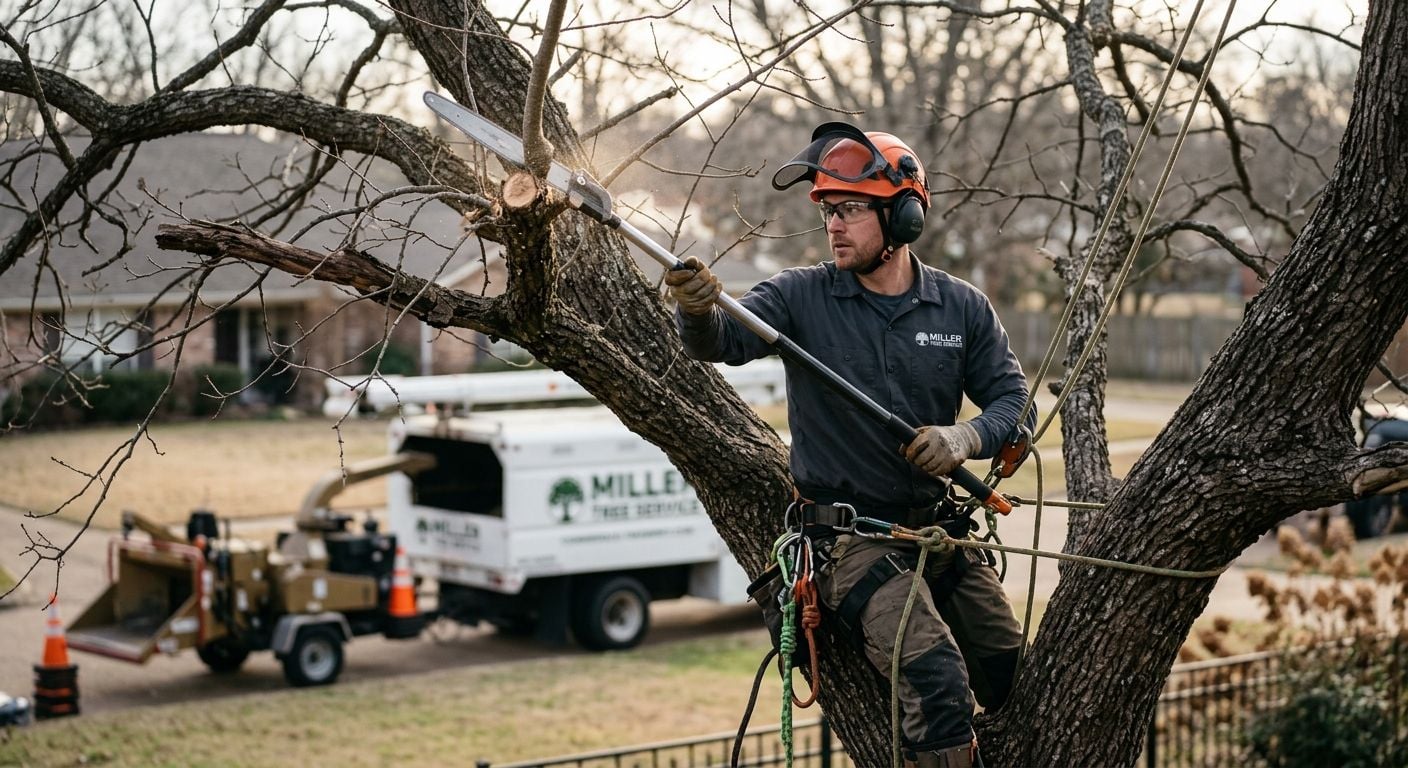 Professional arborist in Miller Tree Service branded shirt pruning a large oak tree with a pole saw in a Northwest Louisiana backyard
