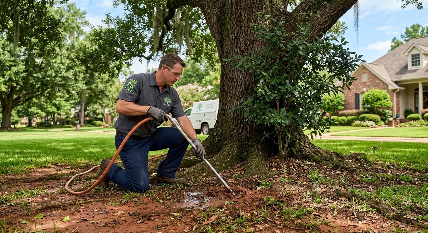 Professional photograph of a certified arborist in Shreveport injecting liquid fertilizer into a large live oak's root zone using a deep root probe, with reddish clay soil and mature trees under sunlight, uniform with company logo, radiating trust and local expertise.