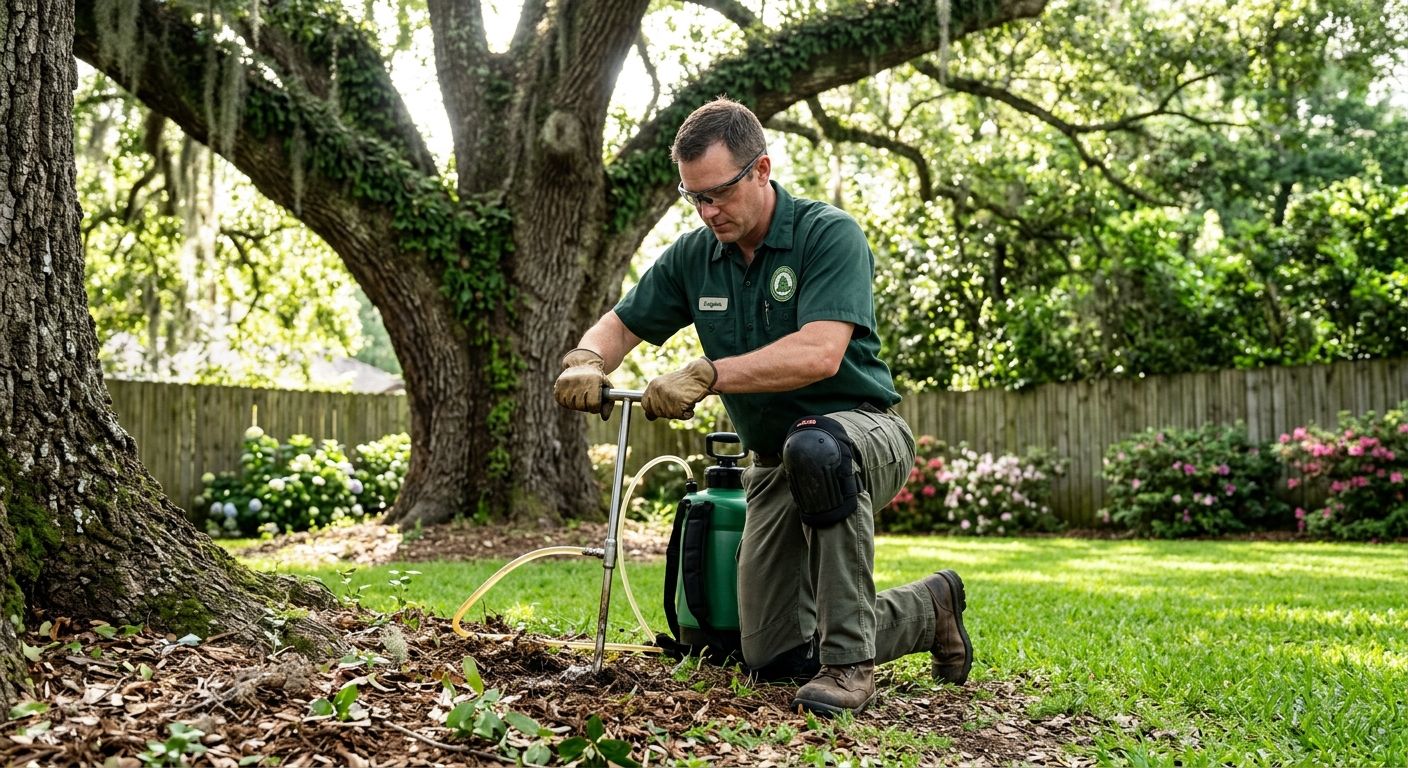 Certified arborist applying deep root fertilization to a mature Southern live oak in a residential yard, demonstrating professional tree care expertise.