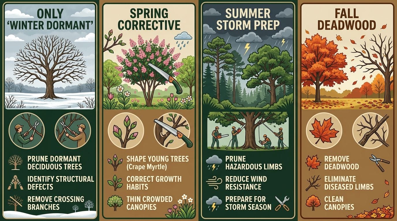 Seasonal tree pruning calendar for Northwest Louisiana with panels for winter, spring, summer, and fall showing key tasks and tree illustrations