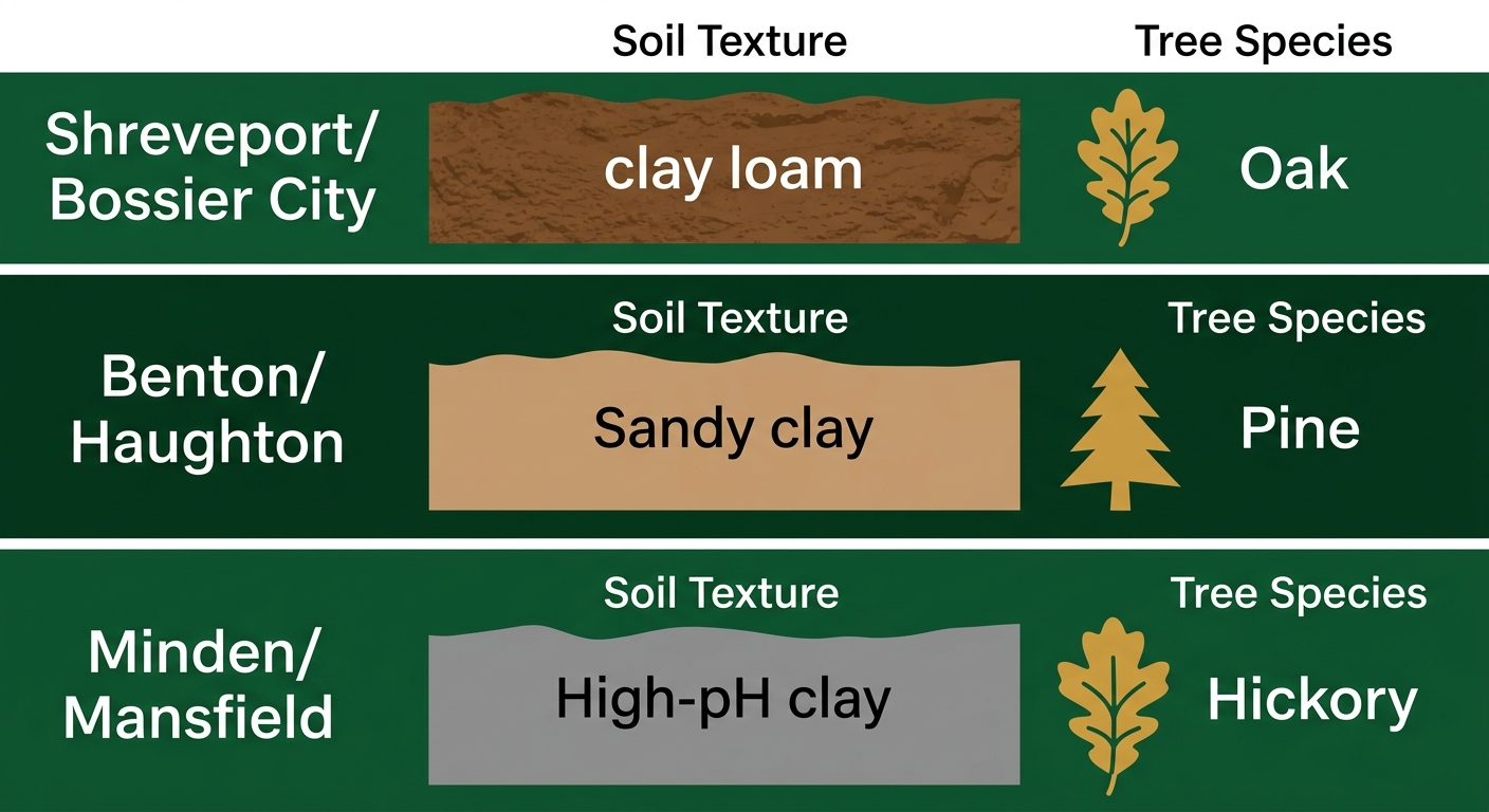 Illustrated infographic comparing clay soil types and common trees for Shreveport, Benton, and Minden areas in Northwest Louisiana