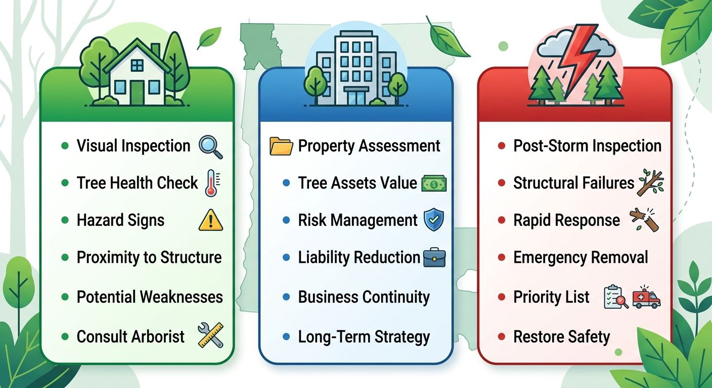 Three-column comparison infographic for tree risk assessment: residential evaluation, commercial property assessment, and emergency post-storm inspection with icons and bullet points.