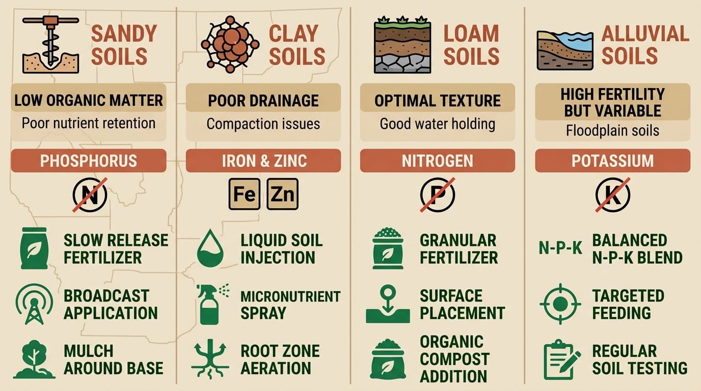 Horizontal 4-column infographic comparing soil conditions and fertilization needs across Caddo, Bossier, DeSoto, and Webster parishes with earthen tones.