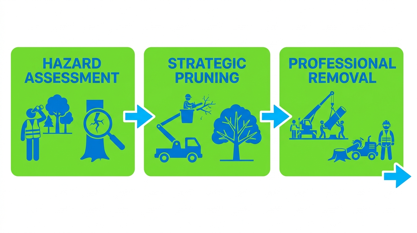Three-step process flow for hurricane tree preparation: hazard assessment, strategic pruning, and professional tree removal.